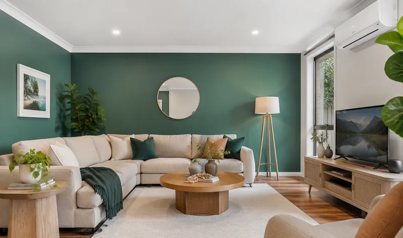 Freshly painted living room with deep teal feature wall