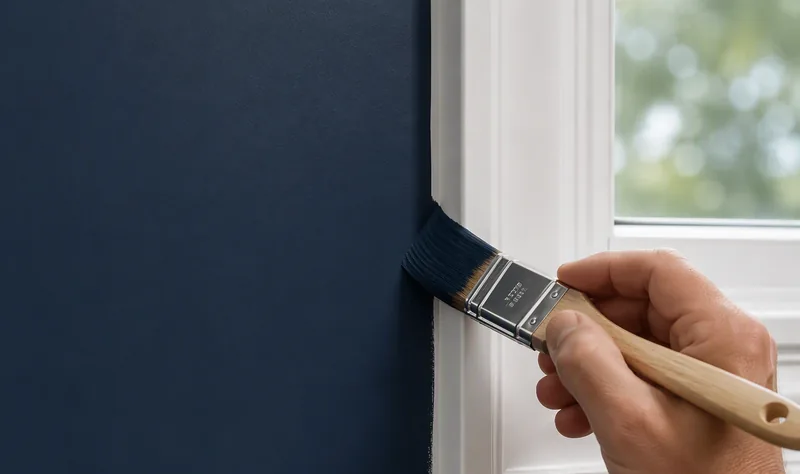 Painter cutting in a crisp line along window trim