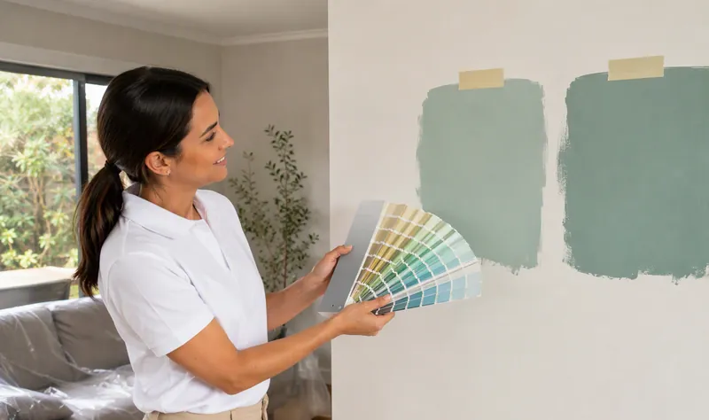 Colour consultant comparing paint swatches against sample patches — Colour Consulting in Blacktown