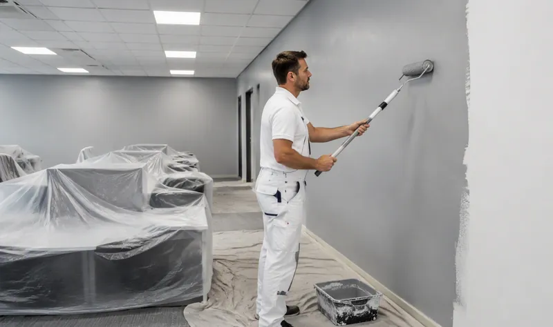 Painters repainting a modern open-plan office interior — Commercial Painting in Blacktown