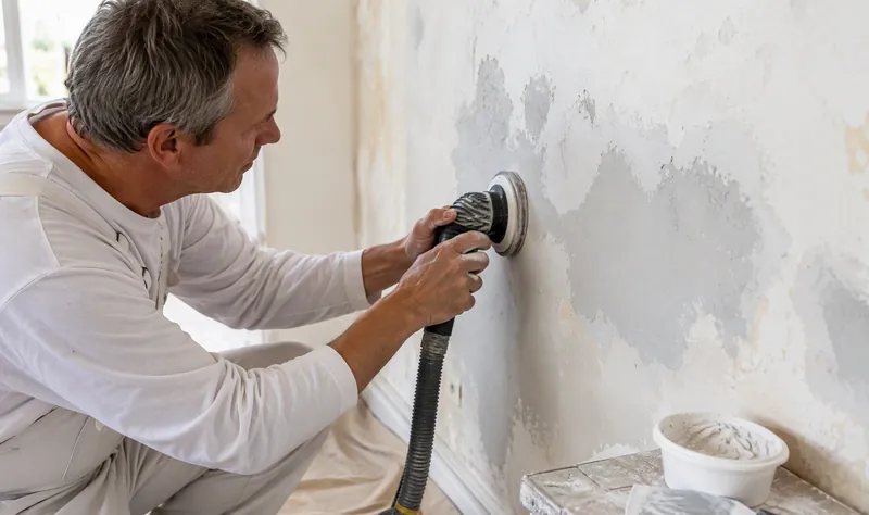 Painter filling and sanding wall repairs before painting
